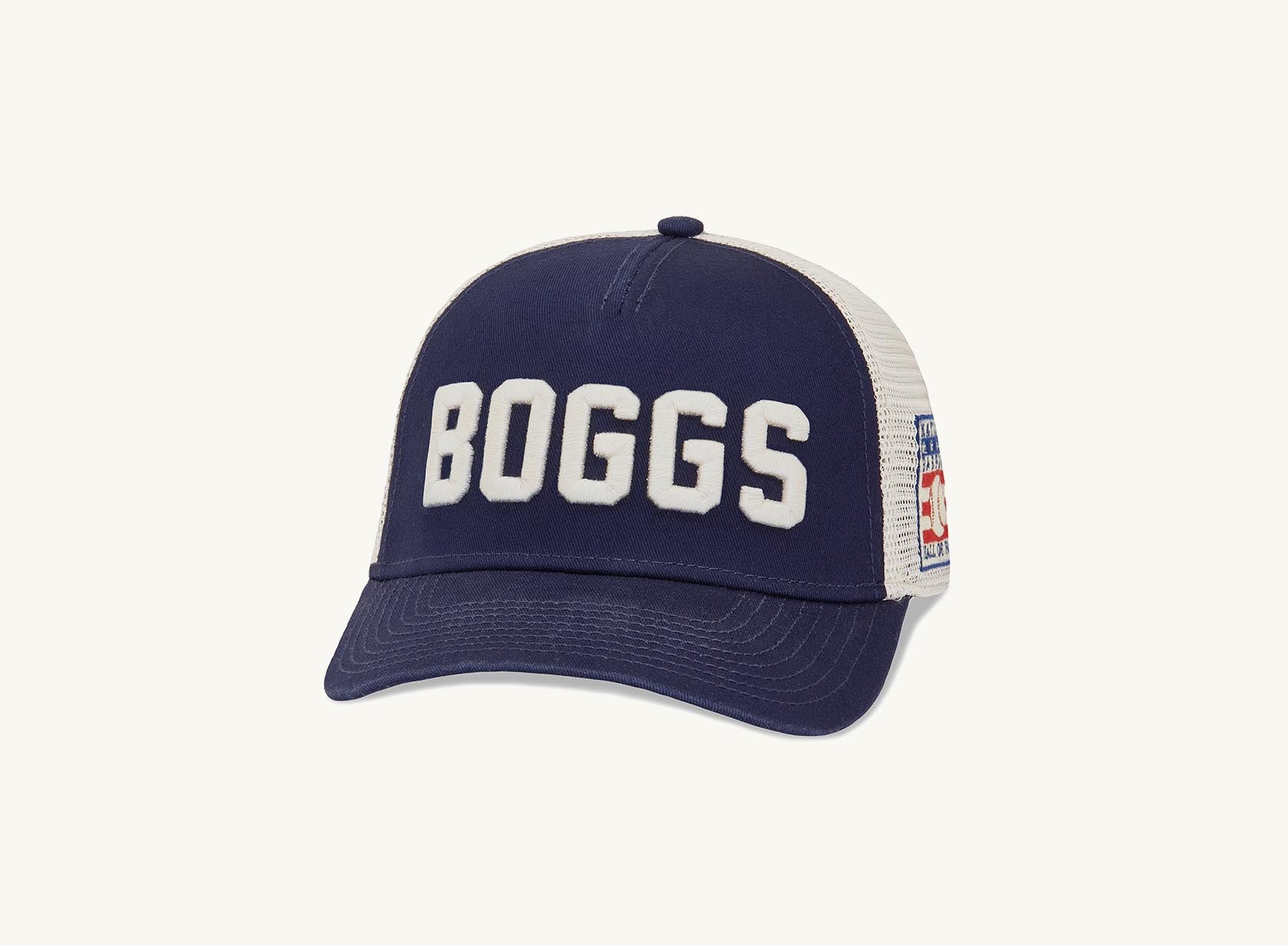 navy blue and beige boggs hat